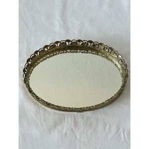 Vintage Oval Gold Filigree Vanity/dresser tray, Unique small size!